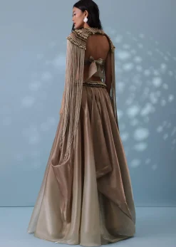 Taupe Brown Embroidered Cowl Lehenga And Cape Blouse In Shimmer Organza