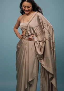 Taupe Brown Embroidered Ready-Pleated Satin Saree
