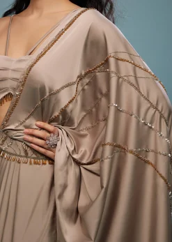 Taupe Brown Embroidered Ready-Pleated Satin Saree