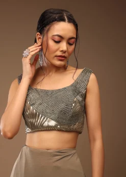 Taupe Grey Ready To Wear Saree With A Crop Top In Foil Applique Embellishment Sleeveless With A Tie-Up Tassel Dori At The Back.