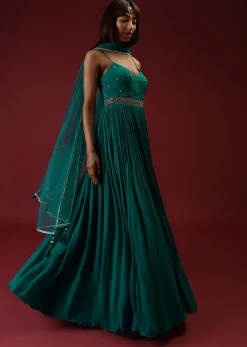 Teal Anarkali Suit In Georgette With Multi Colored Sequins Embroidered Floral Buttis And Cut Dana Embellished Waistline