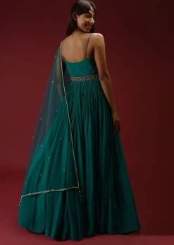 Teal Anarkali Suit In Georgette With Multi Colored Sequins Embroidered Floral Buttis And Cut Dana Embellished Waistline