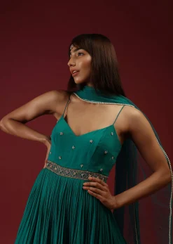 Teal Anarkali Suit In Georgette With Multi Colored Sequins Embroidered Floral Buttis And Cut Dana Embellished Waistline