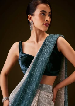 Teal and Cream Ombre Sequins Ready Pleated Saree with Velvet Blouse
