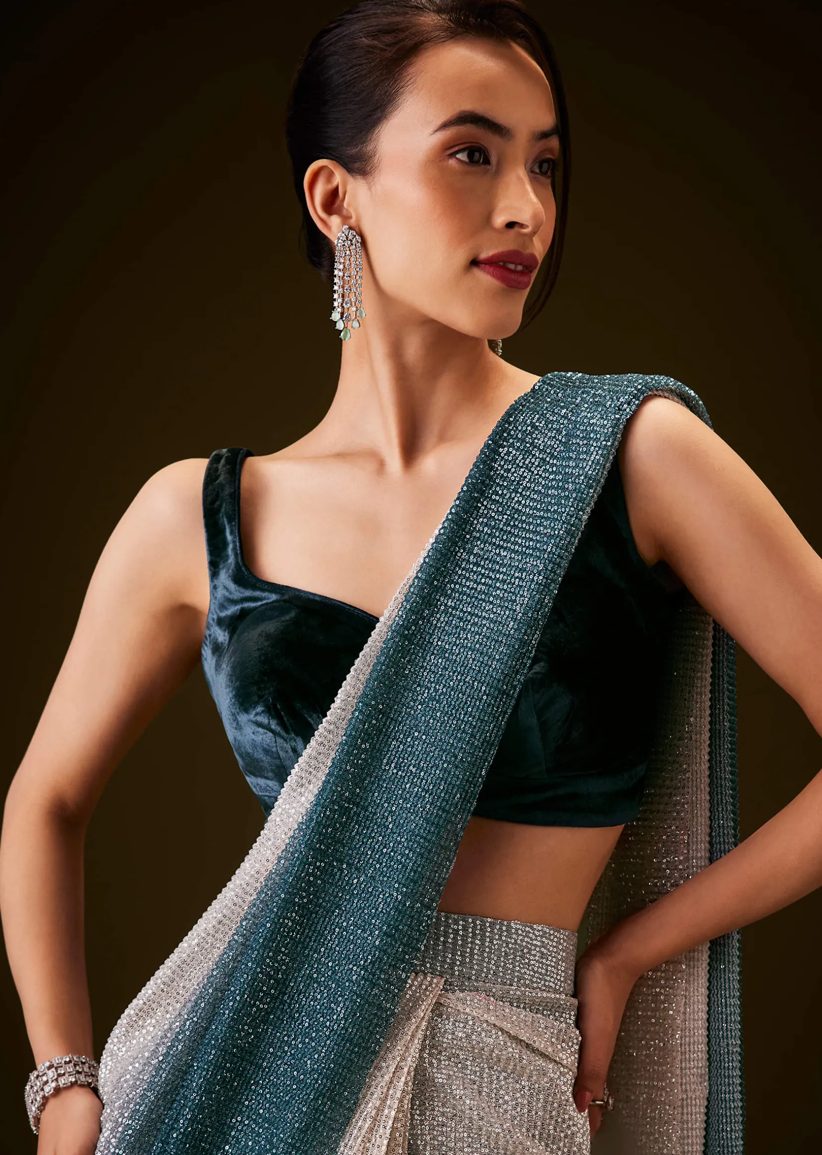 Teal and Cream Ombre Sequins Ready Pleated Saree with Velvet Blouse