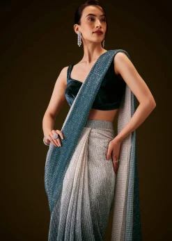 Teal and Cream Ombre Sequins Ready Pleated Saree with Velvet Blouse