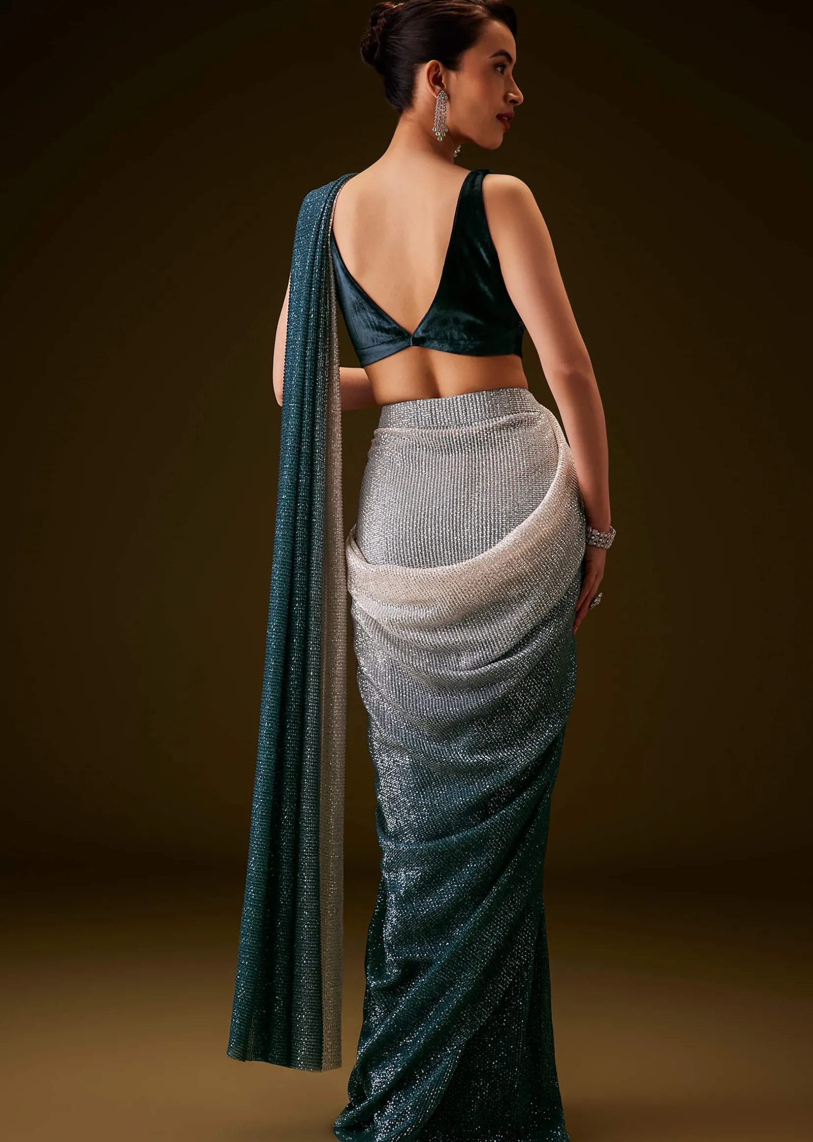 Teal and Cream Ombre Sequins Ready Pleated Saree with Velvet Blouse