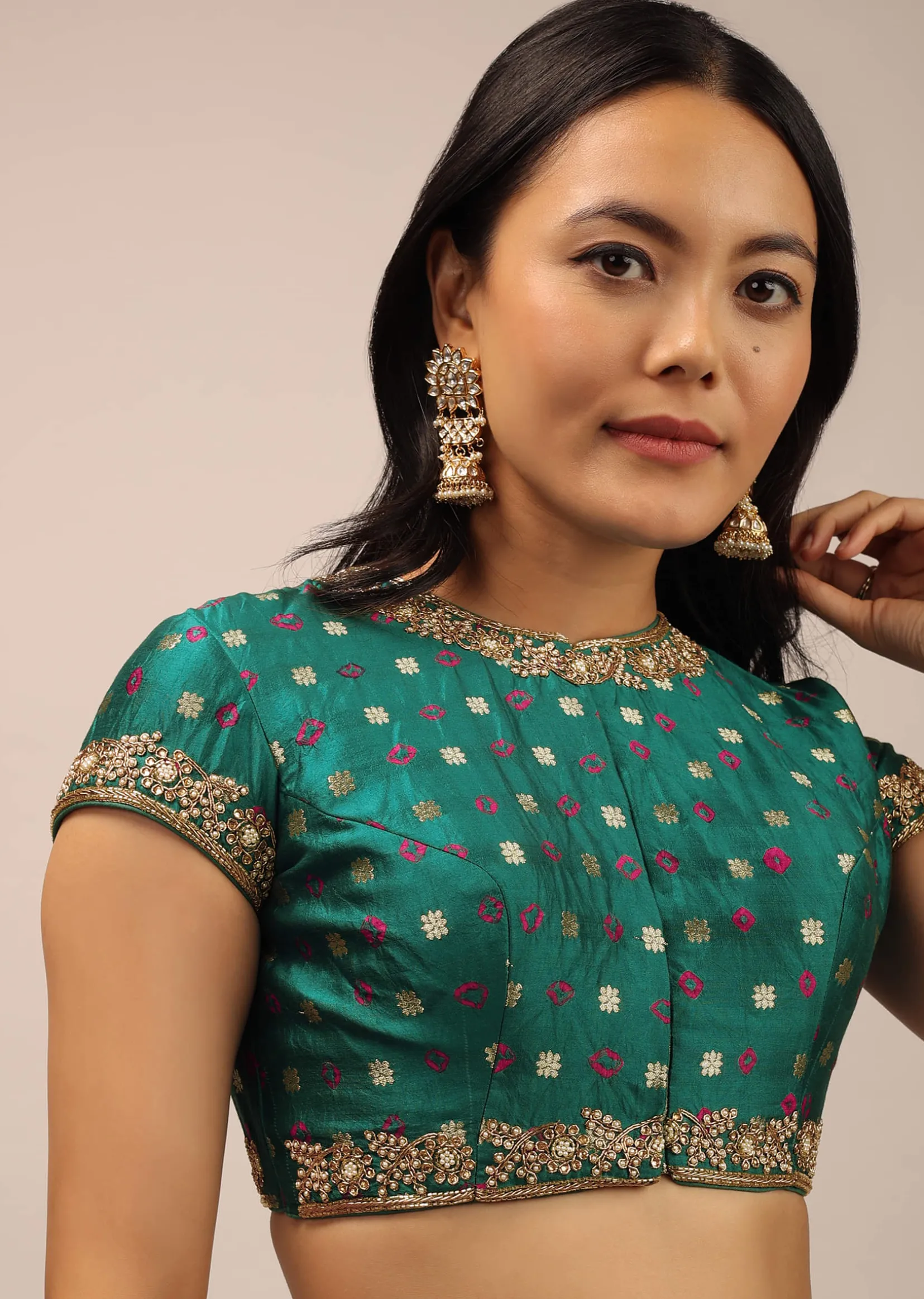 Teal Blouse In Brocade With Woven Buttis, Bandhani And Zardosi Embroidery