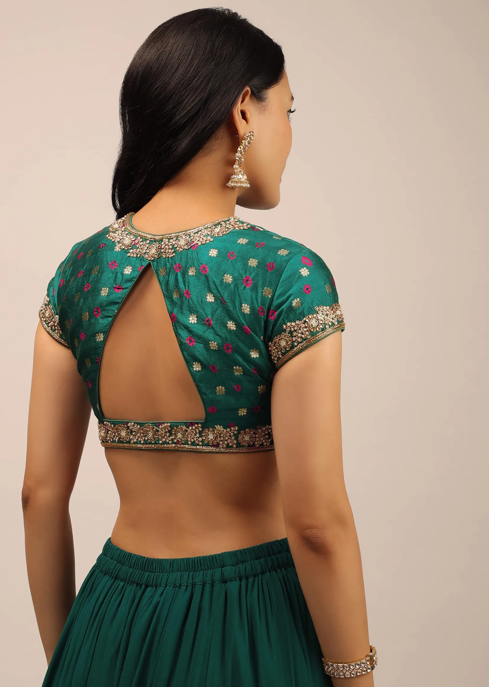 Teal Blouse In Brocade With Woven Buttis, Bandhani And Zardosi Embroidery