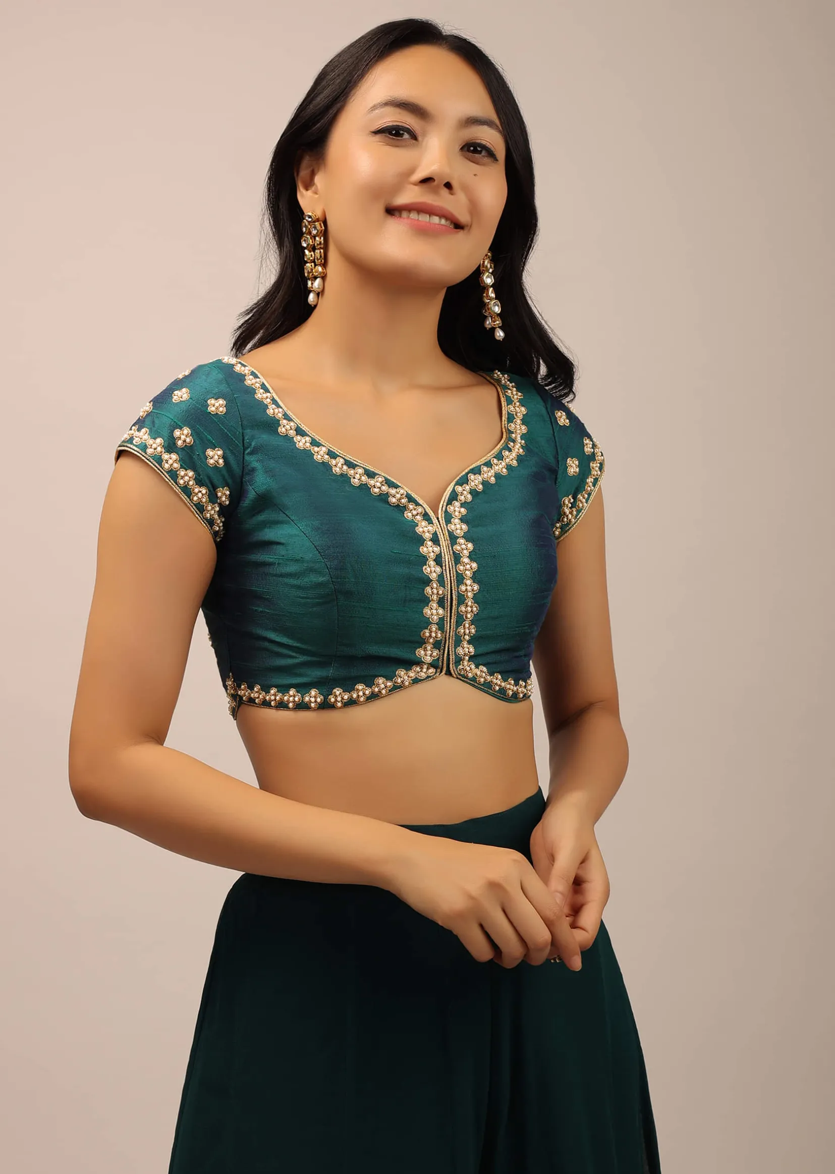 Teal Blouse In Raw Silk With Moti And Zari Work In Floral Design