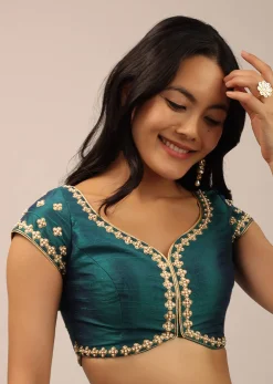 Teal Blouse In Raw Silk With Moti And Zari Work In Floral Design