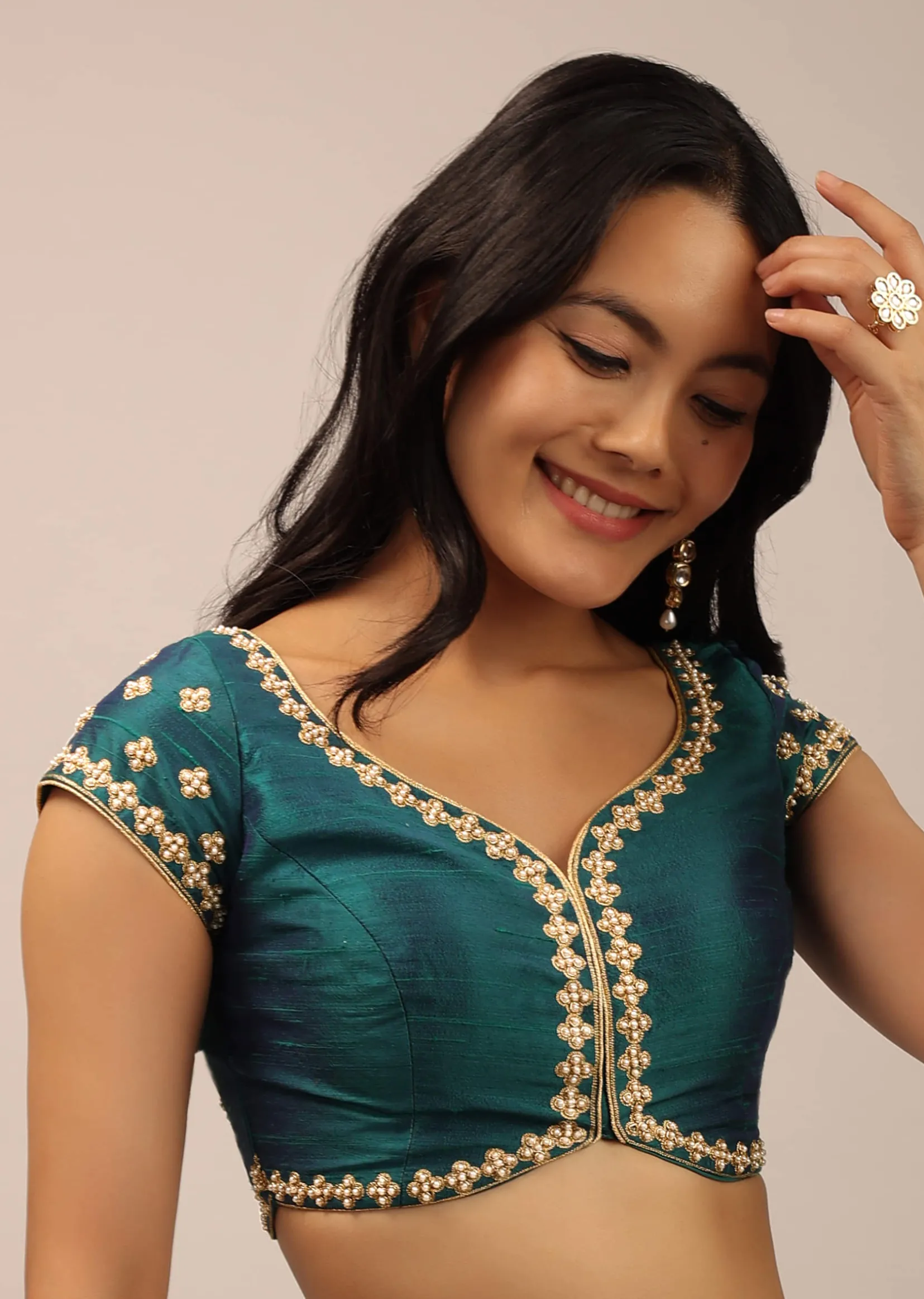 Teal Blouse In Raw Silk With Moti And Zari Work In Floral Design