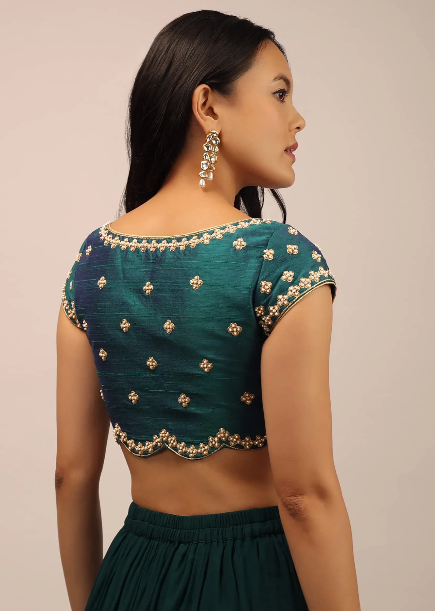 Teal Blouse In Raw Silk With Moti And Zari Work In Floral Design
