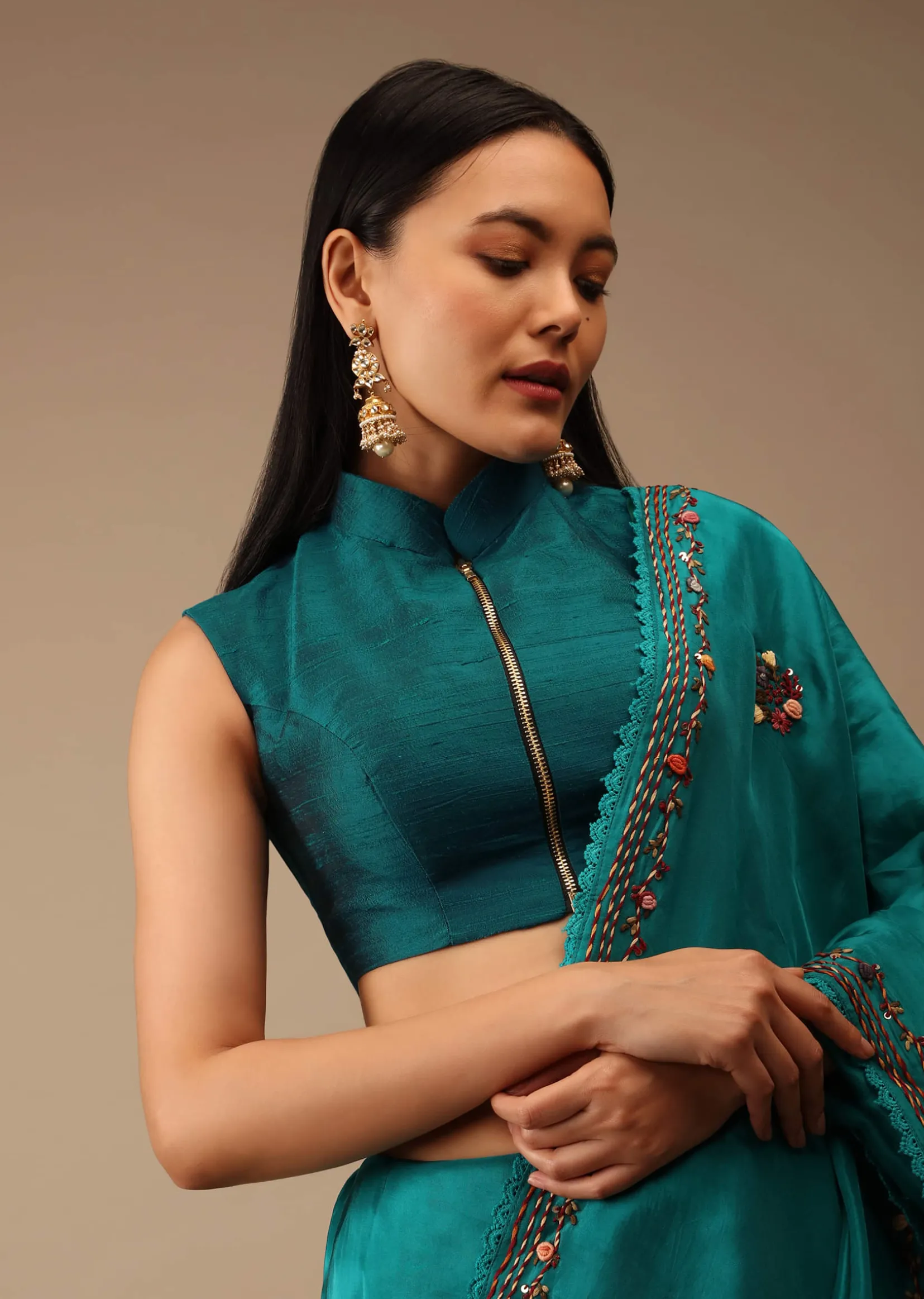 Teal Blue Blouse In Raw Silk With Mandarin Collar Neckline And Front Zip Closure