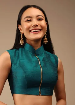 Teal Blue Blouse In Raw Silk With Mandarin Collar Neckline And Front Zip Closure