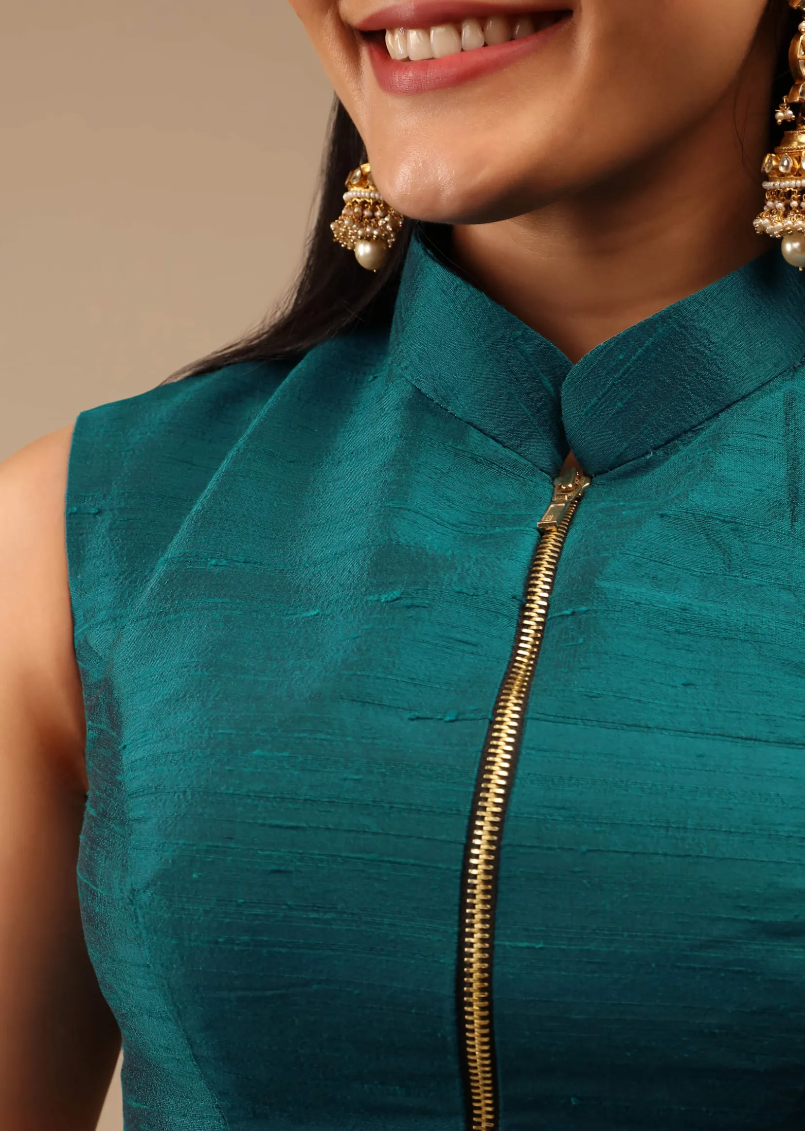 Teal Blue Blouse In Raw Silk With Mandarin Collar Neckline And Front Zip Closure