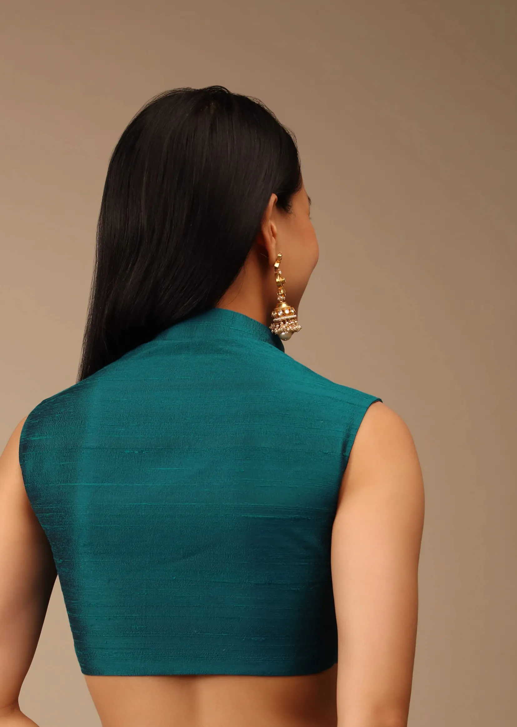 Teal Blue Blouse In Raw Silk With Mandarin Collar Neckline And Front Zip Closure