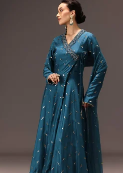 Teal Blue Chanderi Silk Hand Work Angarkha Set