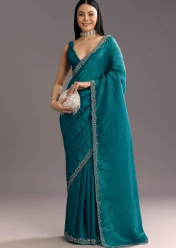 Teal Blue Crushed Tissue Stone Embellished Saree With Cutdana Scallop Border