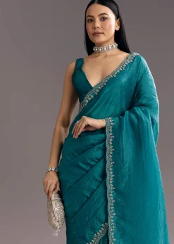 Teal Blue Crushed Tissue Stone Embellished Saree With Cutdana Scallop Border