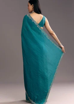 Teal Blue Crushed Tissue Stone Embellished Saree With Cutdana Scallop Border