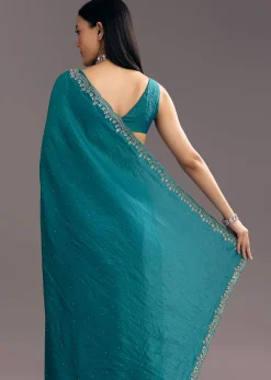 Teal Blue Crushed Tissue Stone Embellished Saree With Cutdana Scallop Border