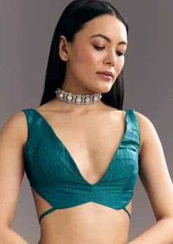 Teal Blue Crushed Tissue Stone Embellished Saree With Cutdana Scallop Border