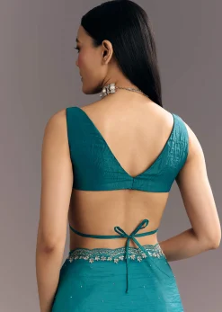 Teal Blue Crushed Tissue Stone Embellished Saree With Cutdana Scallop Border