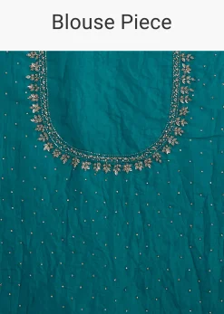 Teal Blue Crushed Tissue Stone Embellished Saree With Cutdana Scallop Border