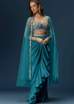 Teal Blue Dhoti Skirt Set With Embroidered Blouse And Net Dupatta