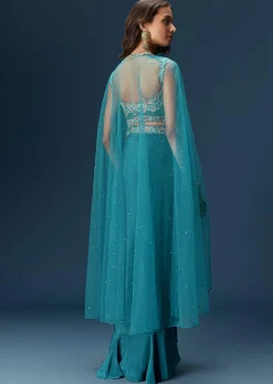 Teal Blue Dhoti Skirt Set With Embroidered Blouse And Net Dupatta