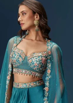 Teal Blue Dhoti Skirt Set With Embroidered Blouse And Net Dupatta