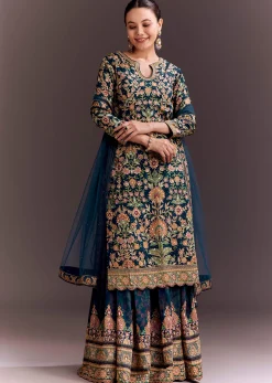 Teal Blue Embroidered Palazzo Set