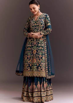 Teal Blue Embroidered Palazzo Set