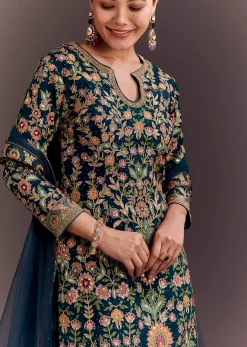 Teal Blue Embroidered Palazzo Set