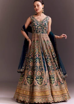 Teal Blue Floral Embroidered Anarkali With Net Dupatta