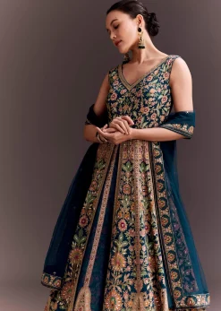 Teal Blue Floral Embroidered Anarkali With Net Dupatta