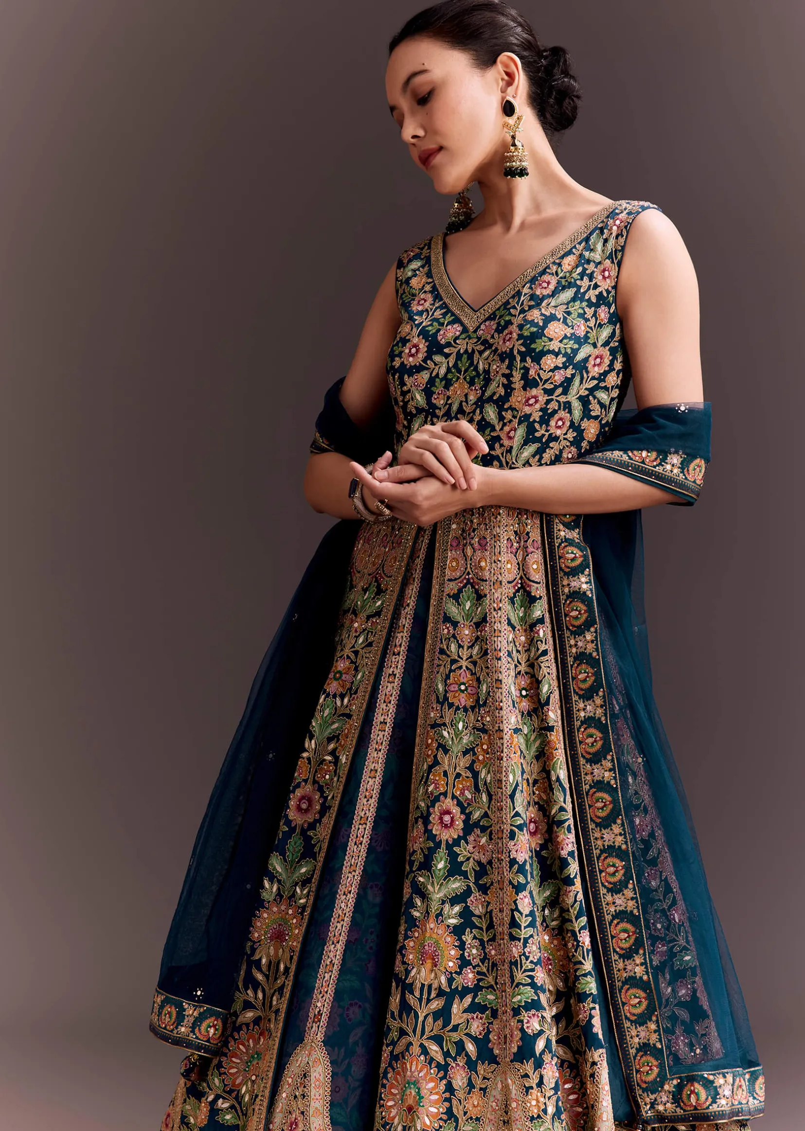 Teal Blue Floral Embroidered Anarkali With Net Dupatta