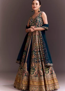 Teal Blue Floral Embroidered Anarkali With Net Dupatta