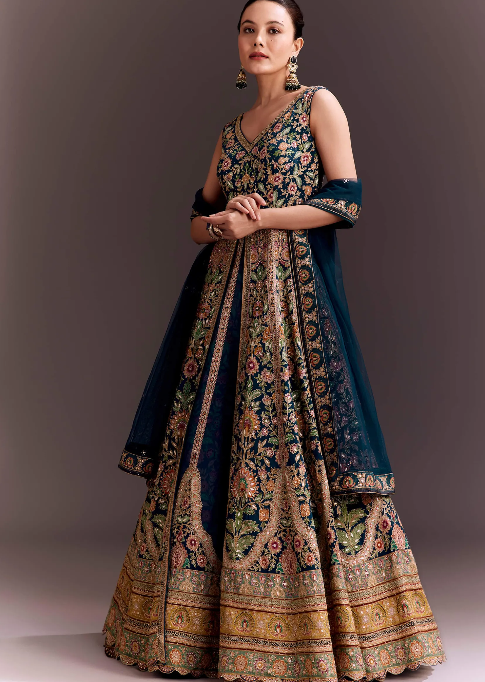 Teal Blue Floral Embroidered Anarkali With Net Dupatta