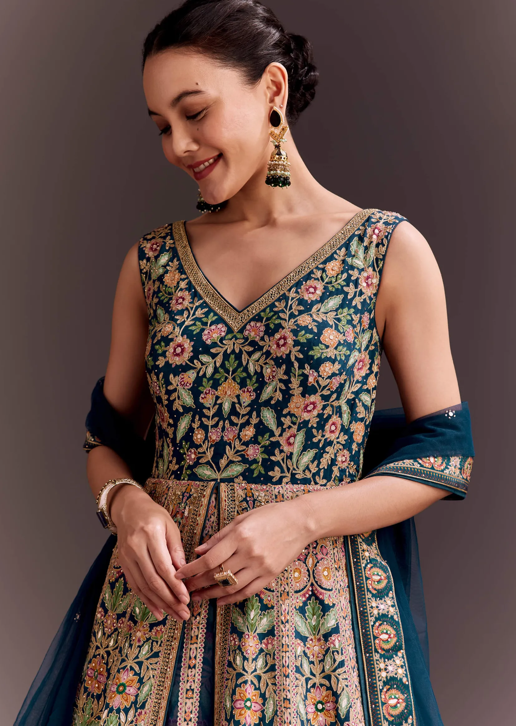 Teal Blue Floral Embroidered Anarkali With Net Dupatta