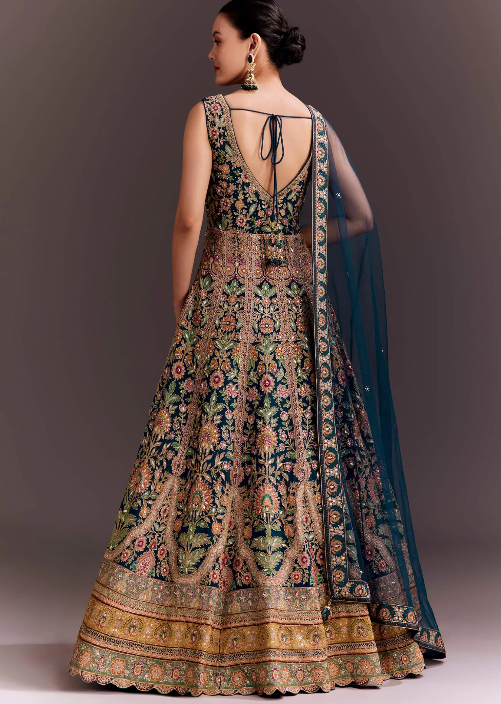 Teal Blue Floral Embroidered Anarkali With Net Dupatta