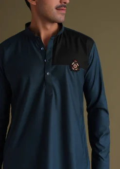 Teal Blue Pathani Kurta Set In Rayon With A Black Patch On Shoulder With Embroidery