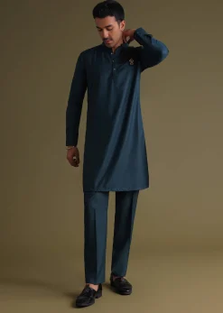 Teal Blue Pathani Kurta Set In Rayon With A Black Patch On Shoulder With Embroidery