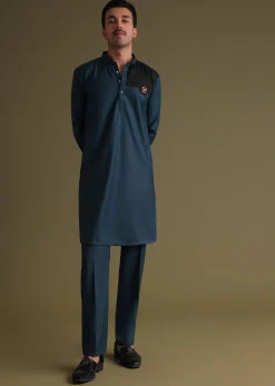 Teal Blue Pathani Kurta Set In Rayon With A Black Patch On Shoulder With Embroidery