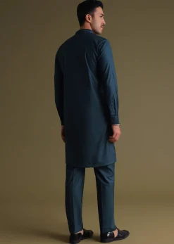 Teal Blue Pathani Kurta Set In Rayon With A Black Patch On Shoulder With Embroidery