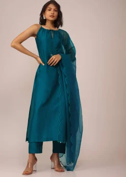 Teal Blue Plain Suit Set In Art Silk With Tassels Adorned Dupatta
