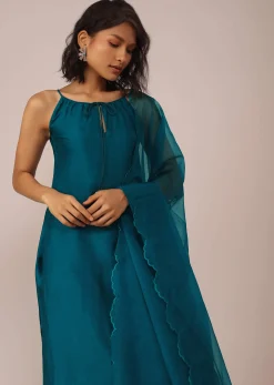 Teal Blue Plain Suit Set In Art Silk With Tassels Adorned Dupatta