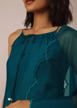 Teal Blue Plain Suit Set In Art Silk With Tassels Adorned Dupatta