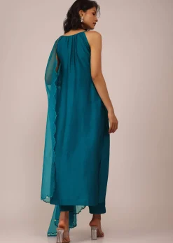 Teal Blue Plain Suit Set In Art Silk With Tassels Adorned Dupatta